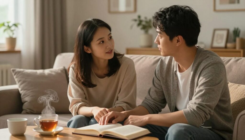 A cozy, intimate scene depicting a couple sitting close together on a comfortable couch, engaged in a deep conversation. The foreground shows their attentive expressions, with warm, soft lighting illuminating their faces, creating a sense of connection and trust. The middle ground features a small coffee table with a steaming cup of tea and an open book, symbolizing shared interests. In the background, a softly blurred living room with warm tones and gentle decor enhances the atmosphere of comfort and safety. The couple is dressed in modest, comfortable clothing, and the image captures an inviting, serene mood that reflects the essence of communication and honesty in building intimacy.