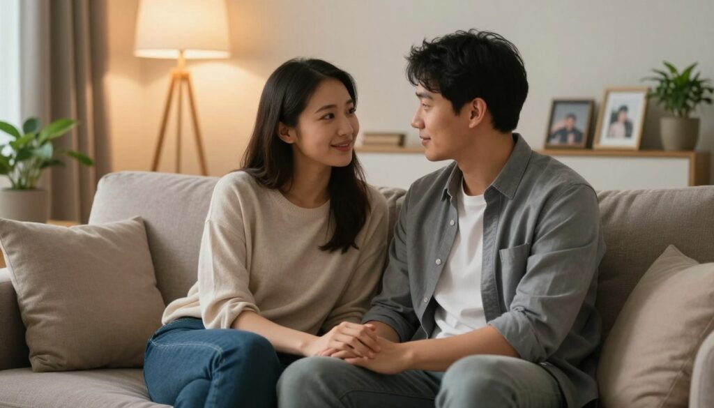 A cozy, intimate scene featuring a couple sitting together on a comfortable couch in a softly lit living room. The foreground shows the couple, both dressed in casual yet professional attire, leaning towards each other, engaged in a heartfelt conversation. Their body language conveys warmth and openness, with gentle smiles and attentive expressions. The middle background includes a few personal touches, such as framed photos and potted plants, enhancing the sense of personal space. Soft, warm lighting from a nearby lamp creates a calm and inviting atmosphere. The image captures the essence of connection, understanding, and the importance of discussing emotional needs in a relationship, evoking a sense of closeness and intimacy.