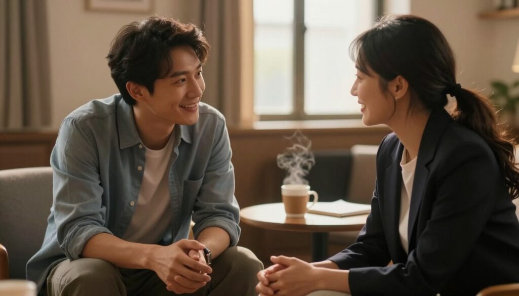 A cozy, inviting scene depicting two individuals engaged in active listening. In the foreground, a man and a woman sit closely, facing each other with warm smiles, showcasing open body language. The man, dressed in smart casual clothing, leans slightly forward, signaling interest, while the woman in a professional outfit, tilts her head, showcasing attentiveness. In the middle ground, a soft, warm light filters through a nearby window, creating a comfortable and intimate atmosphere. In the background, a small coffee table with a steaming cup and a notepad suggests a relaxed environment conducive to deep conversation. The overall mood is calm and reassuring, emphasizing connection and understanding in communication, capturing the essence of active listening.