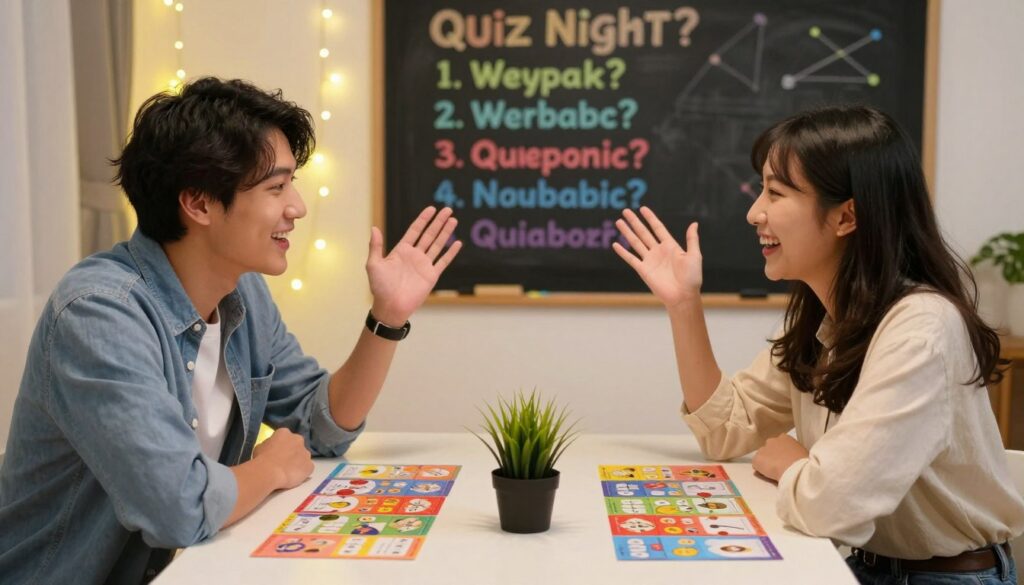 A cozy, inviting setting for a quiz night featuring two people engaged in a fun quiz game. In the foreground, a table is adorned with colorful quiz question cards and a small decorative plant. The two participants, a young man and woman, are seated across from each other, both smiling and dressed in casual yet stylish clothing, showing excitement and engagement. In the middle, soft lighting creates a warm atmosphere, with fairy lights in the background adding a touch of whimsy. A chalkboard behind them displays fun quiz questions in vibrant chalk colors, enhancing the playful mood. The overall ambiance is lively and friendly, ideal for fostering connections and deeper understanding between partners. The angle is slightly elevated, offering a balanced view of the interaction. A cozy, inviting setting for a quiz night featuring two people engaged in a fun quiz game. In the foreground, a table is adorned with colorful quiz question cards and a small decorative plant. The two participants, a young man and woman, are seated across from each other, both smiling and dressed in casual yet stylish clothing, showing excitement and engagement. In the middle, soft lighting creates a warm atmosphere, with fairy lights in the background adding a touch of whimsy. A chalkboard behind them displays fun quiz questions in vibrant chalk colors, enhancing the playful mood. The overall ambiance is lively and friendly, ideal for fostering connections and deeper understanding between partners. The angle is slightly elevated, offering a balanced view of the interaction.