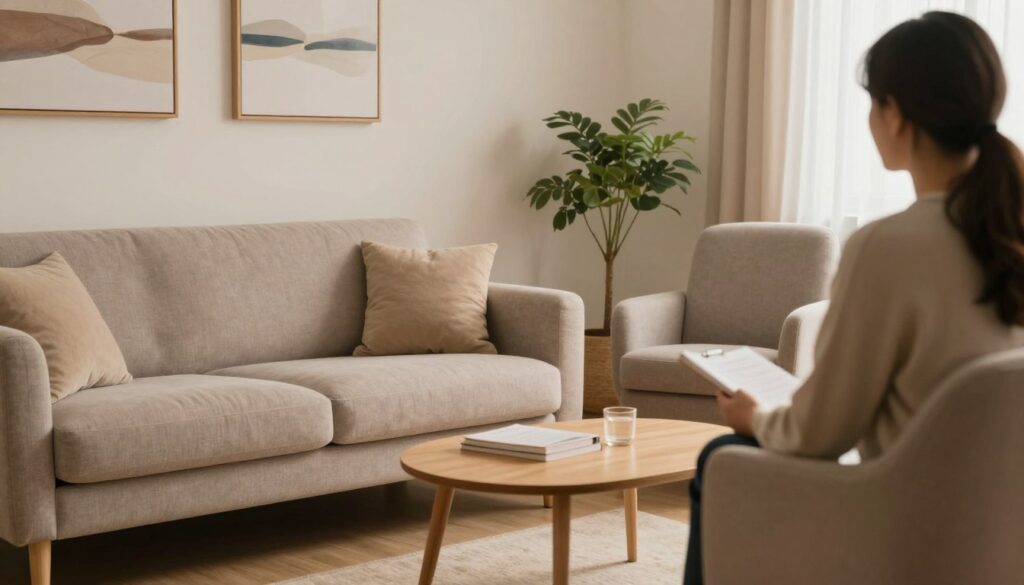 A cozy, inviting therapy room setting, featuring a stylish sofa and two comfortable chairs positioned around a low coffee table. In the foreground, a warm, neutral-toned couch, with plush cushions, invites intimate conversation. In the middle, a calm therapist's chair is slightly angled towards the sofa, creating a welcoming environment for an open dialogue. Soft, diffused lighting casts a gentle glow in the room, creating a serene atmosphere. In the background, light-colored walls adorned with peaceful abstract art and a potted plant add to the tranquility. The scene conveys a sense of hope and healing, with hints of warmth and understanding in this collaborative setting for couples seeking guidance in their relationship. A cozy, inviting therapy room setting, featuring a stylish sofa and two comfortable chairs positioned around a low coffee table. In the foreground, a warm, neutral-toned couch, with plush cushions, invites intimate conversation. In the middle, a calm therapist's chair is slightly angled towards the sofa, creating a welcoming environment for an open dialogue. Soft, diffused lighting casts a gentle glow in the room, creating a serene atmosphere. In the background, light-colored walls adorned with peaceful abstract art and a potted plant add to the tranquility. The scene conveys a sense of hope and healing, with hints of warmth and understanding in this collaborative setting for couples seeking guidance in their relationship.
