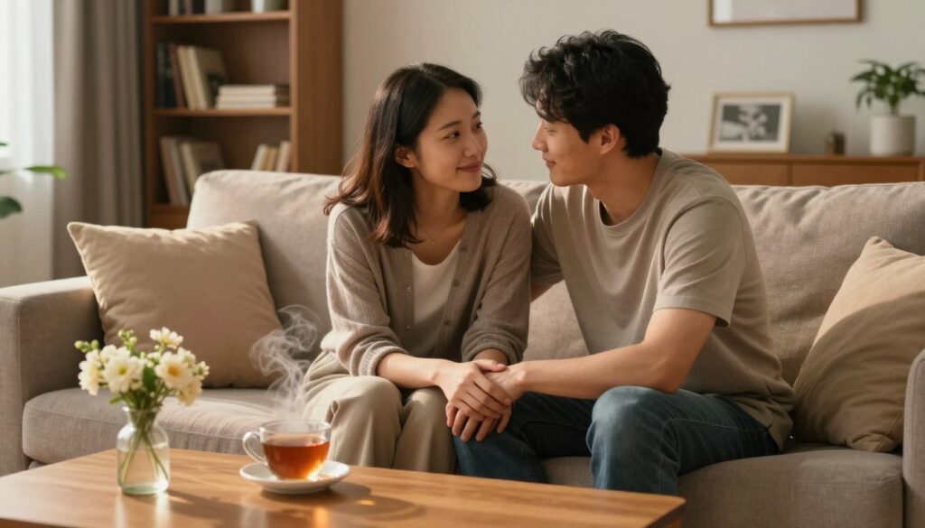 A cozy living room scene depicting a couple engaged in a heartfelt conversation, seated on a comfortable sofa adorned with soft cushions. The foreground includes a warm coffee table with a steaming cup of tea and a small vase of fresh flowers, symbolizing connection and care. In the middle, the couple, dressed in modest casual clothing, are leaning towards each other, their expressions conveying empathy and understanding, with gentle smiles that suggest openness and warmth. The background features soft, ambient lighting, with warm hues that create an inviting atmosphere, enhanced by a bookshelf filled with personal memories. The scene captures a sense of intimacy and the nurturing efforts to rebuild closeness between partners, evoking a serene and supportive mood.