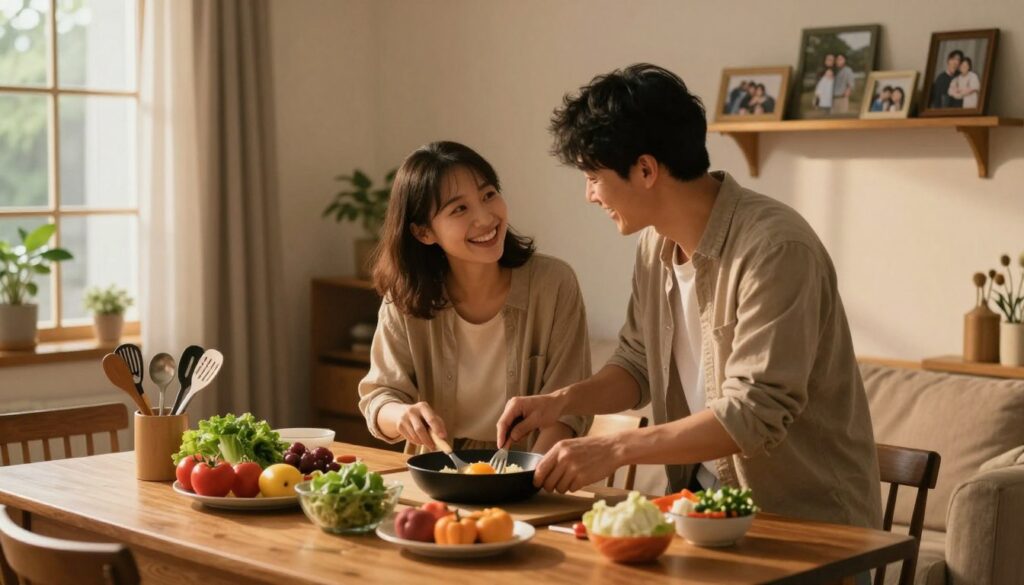 A cozy living room scene depicting a couple engaging in shared rituals, such as preparing a meal together or enjoying a game night. In the foreground, a wooden table is set with fresh ingredients and cooking utensils, highlighting togetherness and collaboration. In the middle ground, the couple – a man and a woman in modest casual clothing – are joyfully interacting, their expressions showing warmth and affection. Soft, warm lighting from a nearby window creates a welcoming glow throughout the room. In the background, a shelf displays family photos and mementos, symbolizing connection and shared history. The atmosphere is intimate and inviting, emphasizing the importance of shared rituals in daily life.