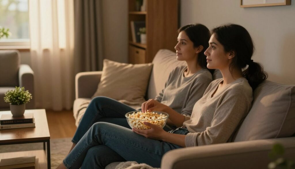 A cozy living room scene depicting a couple spending quality time together. In the foreground, the couple is sitting comfortably on a plush couch, sharing a bowl of popcorn while watching a movie. They are dressed in casual, modest clothing that conveys a relaxed atmosphere. The middle ground features a warm coffee table adorned with books, a small plant, and a soft blanket draped over the couch. In the background, soft lighting creates a serene ambiance, with gentle shadows accentuating the room's welcoming feel. A window with sheer curtains allows warm sunlight to filter in, adding warmth to the space. The overall mood is intimate and peaceful, emphasizing togetherness, support, and tranquility.