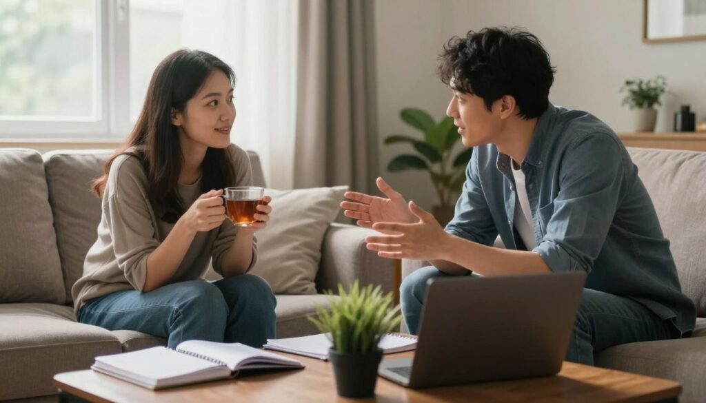 A cozy living room scene focusing on a couple engaged in a deep conversation while managing their daily tasks. In the foreground, a woman in modest casual attire sits on a comfortable sofa, holding a cup of tea, her expression attentive and warm. Next to her, a man in smart casual clothing leans forward, his hands animated as he speaks, conveying interest and connection. In the middle ground, a cluttered coffee table holds notebooks, a laptop, and a small plant, symbolizing their busy lives. In the background, a window reveals soft natural lighting filtering through sheer curtains, creating a warm, inviting atmosphere. The mood is intimate and supportive, emphasizing their commitment to maintaining closeness amidst everyday responsibilities. A cozy living room scene focusing on a couple engaged in a deep conversation while managing their daily tasks. In the foreground, a woman in modest casual attire sits on a comfortable sofa, holding a cup of tea, her expression attentive and warm. Next to her, a man in smart casual clothing leans forward, his hands animated as he speaks, conveying interest and connection. In the middle ground, a cluttered coffee table holds notebooks, a laptop, and a small plant, symbolizing their busy lives. In the background, a window reveals soft natural lighting filtering through sheer curtains, creating a warm, inviting atmosphere. The mood is intimate and supportive, emphasizing their commitment to maintaining closeness amidst everyday responsibilities.