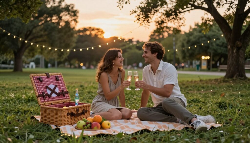 A cozy outdoor picnic scene during a golden sunset, featuring a happy couple dressed in modest casual clothing, sharing a joyful moment. The foreground includes a beautifully arranged picnic blanket with a vintage picnic basket, colorful fruits, and sparkling beverages. In the middle, the couple is laughing and enjoying each other's company, capturing a sense of intimacy and celebration. The background showcases a serene park with soft, lush greenery and twinkling fairy lights strung between trees, enhancing the romantic ambiance. The lighting is warm and soft, creating a dreamy atmosphere. Use a wide-angle lens to capture the depth of the scene, emphasizing the connection between the couple against the enchanting backdrop.