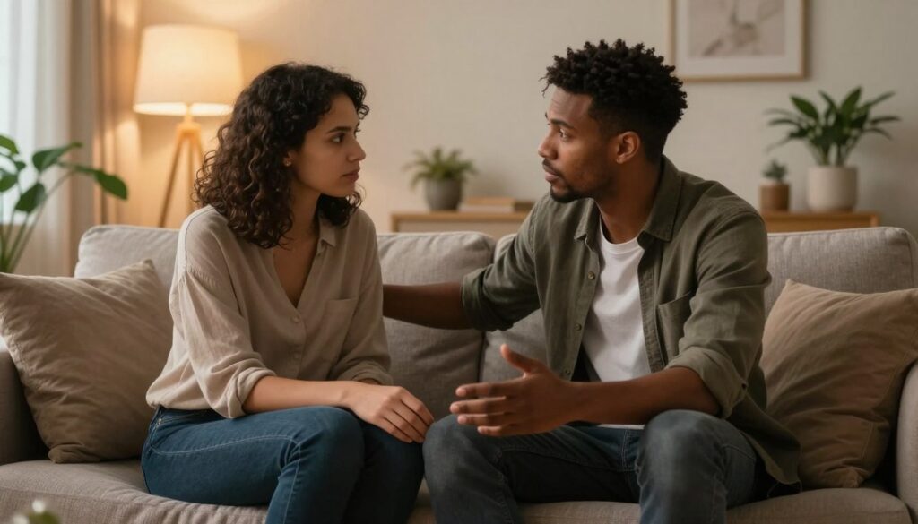 A cozy, softly lit room featuring a diverse couple seated on a comfortable couch having a serious yet warm conversation about their sexual needs and desires. The couple, dressed in smart casual attire, appears engaged and empathetic, leaning slightly toward each other, with the man gently gesturing while the woman listens intently. In the background, a calming atmosphere is created with warm, muted colors, soft lighting from a nearby lamp, and decorative plants adding a serene touch. The angle captures the intimacy of the moment, emphasizing the openness and honesty between them, conveying a sense of safety and trust. The overall mood is supportive and constructive, illustrating a healthy discussion about personal needs in a relationship.