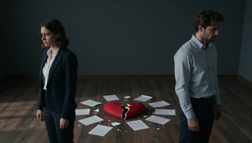 A darkened room serves as the backdrop, symbolizing deceit in a relationship. In the foreground, a couple stands distanced from each other, their faces turned away, showcasing visible tension. The woman wears a professional business outfit, her expression a mixture of sadness and betrayal, while the man in a neat, modest casual attire looks conflicted and remorseful. Soft, dim lighting casts shadows that create an atmosphere of isolation and mistrust. In the middle ground, a shattered heart lies on the floor, representing broken trust, surrounded by scattered, crumpled pieces of paper marked with obscured messages. The angle is slightly downward, emphasizing the emotional burden both characters carry. The mood is somber and reflective, highlighting the profound impact of lies in a relationship.