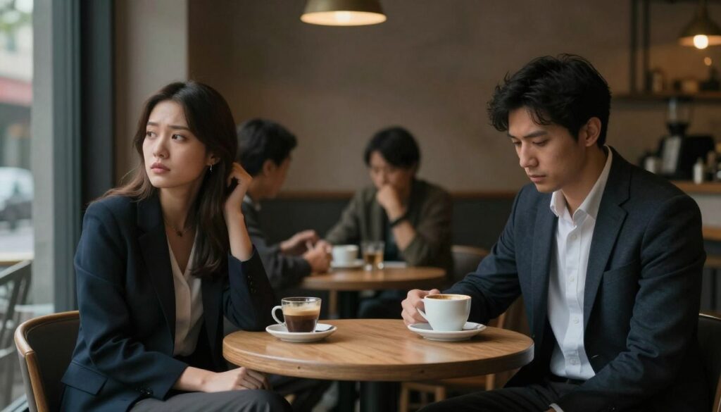 A dimly lit cafe interior, focusing on a small table in the foreground where two people sit silently, their expressions reflecting tension and unease. The woman, dressed in a smart casual outfit, gazes out the window, while the man, in a shirt and blazer, looks down at his untouched cup of coffee, creating a visual contrast of isolation. In the middle ground, soft, blurred figures of other patrons subtly emphasize the sense of loneliness amidst a crowd. The background features muted colors, with warm lighting accentuating the cozy yet heavy atmosphere. The image evokes a sense of emotional distance and unspoken words, conveying the conflict inherent in silence and avoidance within relationships.