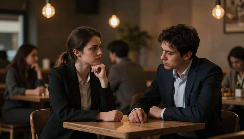 A dimly lit café setting, where a couple sits at a small table in the foreground, both dressed in professional business attire. The woman looks contemplative, her gaze directed away from her partner, conveying a sense of disappointment and distrust. The man, slightly hunched, appears conflicted, his hands resting on the table while he avoids eye contact. In the middle ground, blurred figures of other couples can be seen, creating a busy yet intimate atmosphere. In the background, soft, warm lights from hanging bulbs create a cozy ambiance, but shadows loom, reflecting the tension. The overall mood is somber, encapsulating feelings of betrayal and longing for understanding, evoking the complexities of infidelity in relationships.