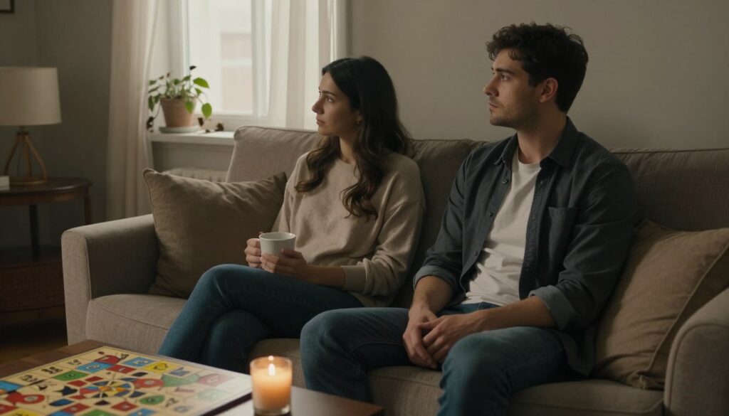 A dimly lit, cozy living room scene, where a couple sits on a comfortable sofa, both with thoughtful expressions. The woman, in a modest, soft-colored sweater, looks pensive while holding a coffee cup. The man, dressed in smart-casual attire, gazes out the window with a distant look. In the foreground, a small side table holds an untouched board game and a half-finished candle. In the background, light filters through sheer curtains, creating a warm, nostalgic atmosphere. Subtle hints of decay—like a wilted plant on a windowsill—suggest the theme of relationship burnout. The composition captures an intimate yet somber mood, emphasizing emotional disconnect while remaining respectful and professional. The scene is shot at a slightly elevated angle to create depth and focus on the couple's expressions and surroundings. A dimly lit, cozy living room scene, where a couple sits on a comfortable sofa, both with thoughtful expressions. The woman, in a modest, soft-colored sweater, looks pensive while holding a coffee cup. The man, dressed in smart-casual attire, gazes out the window with a distant look. In the foreground, a small side table holds an untouched board game and a half-finished candle. In the background, light filters through sheer curtains, creating a warm, nostalgic atmosphere. Subtle hints of decay—like a wilted plant on a windowsill—suggest the theme of relationship burnout. The composition captures an intimate yet somber mood, emphasizing emotional disconnect while remaining respectful and professional. The scene is shot at a slightly elevated angle to create depth and focus on the couple's expressions and surroundings.