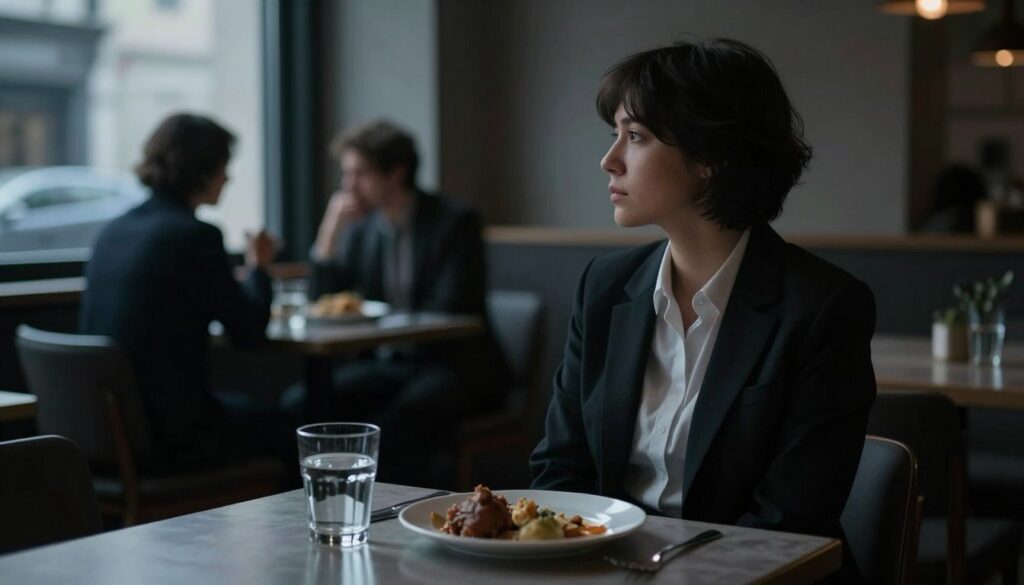 A dimly lit, evocative scene depicting a somber figure seated alone at a table in a minimalist café, appearing introspective and detached. The foreground features a glass of water and an untouched plate of food, symbolizing emotional disconnection. In the middle ground, the figure, a person in professional attire, gazes out the window with a distant expression. Soft, ambient lighting casts shadows that enhance the mood of isolation. The background shows blurred figures in social interactions, creating a stark contrast to the subject’s solitude. Use a shallow depth of field to focus on the figure while softening the distractions behind them, capturing an atmosphere of introspection and emotional turmoil. The overall tone should evoke feelings of introspection and the aftermath of a broken relationship. A dimly lit, evocative scene depicting a somber figure seated alone at a table in a minimalist café, appearing introspective and detached. The foreground features a glass of water and an untouched plate of food, symbolizing emotional disconnection. In the middle ground, the figure, a person in professional attire, gazes out the window with a distant expression. Soft, ambient lighting casts shadows that enhance the mood of isolation. The background shows blurred figures in social interactions, creating a stark contrast to the subject’s solitude. Use a shallow depth of field to focus on the figure while softening the distractions behind them, capturing an atmosphere of introspection and emotional turmoil. The overall tone should evoke feelings of introspection and the aftermath of a broken relationship.