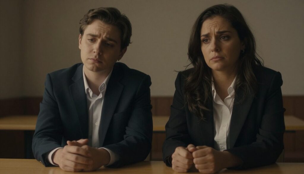 A dimly lit indoor setting capturing a couple sitting at a small table, their faces reflecting a mixture of sadness and detachment. The foreground features a close-up of their hands, barely touching, emphasizing the emotional distance. The middle section reveals the couple in professional business attire, lost in thought, with furrowed brows and distant gazes, highlighting a sense of disconnection. The background fades into soft shadows and muted colors, suggesting an atmosphere of isolation and uncertainty. Use warm, subdued lighting to create a feeling of nostalgia and longing, with a slight focus on the couple's expressions to convey the theme of emotional disconnection.