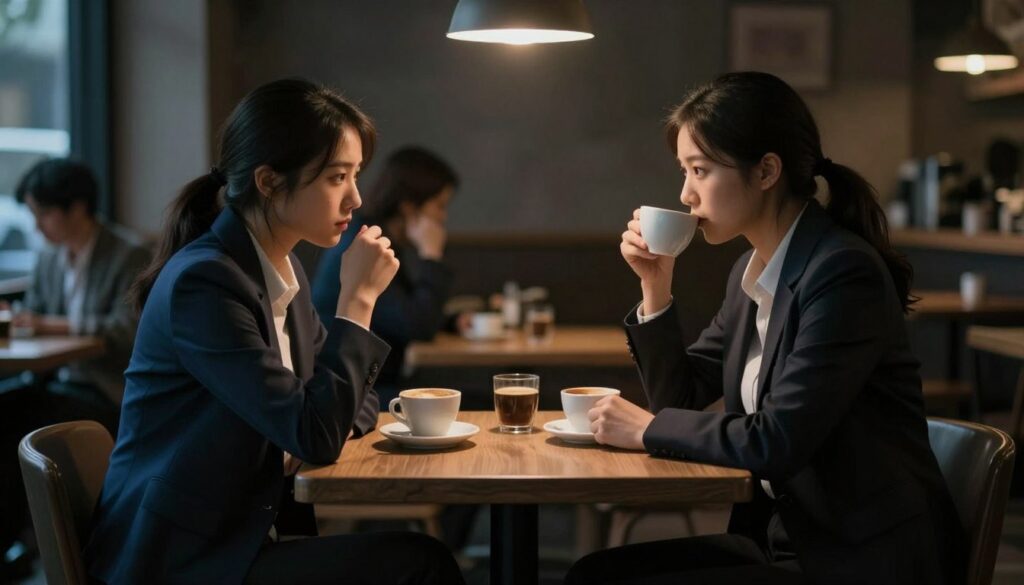 A dimly lit, intimate café scene capturing two people sitting across from each other at a small table, their expressions reflecting a sense of distance and emotional disconnect. The foreground features the couple, dressed in professional business attire, capturing their somber demeanor as they sip coffee, with minimal eye contact. In the middle, a warm light casts soft shadows, contrasting with the couples' cold body language. The background shows blurred outlines of other patrons, emphasizing their solitude. The atmosphere is heavy and reflective, evoking a sense of longing and unfulfilled connection, with a color palette of muted blues and browns to enhance the mood of emotional exhaustion. A dimly lit, intimate café scene capturing two people sitting across from each other at a small table, their expressions reflecting a sense of distance and emotional disconnect. The foreground features the couple, dressed in professional business attire, capturing their somber demeanor as they sip coffee, with minimal eye contact. In the middle, a warm light casts soft shadows, contrasting with the couples' cold body language. The background shows blurred outlines of other patrons, emphasizing their solitude. The atmosphere is heavy and reflective, evoking a sense of longing and unfulfilled connection, with a color palette of muted blues and browns to enhance the mood of emotional exhaustion.