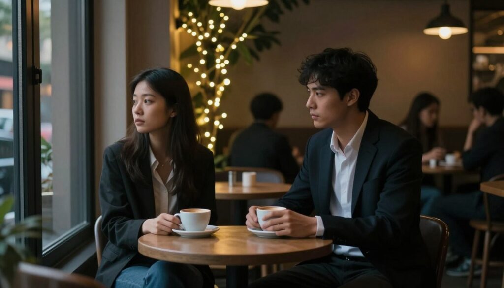 A dimly lit, intimate café scene sets the mood, with a small round table at the foreground. A couple sits across from each other, both appearing distant and lost in thought, dressed in smart casual attire to convey a professional appearance. The man has his gaze down, holding a coffee cup loosely, while the woman looks out the window, her expression contemplative. In the middle ground, whimsical fairy lights softly illuminate the café, creating an atmosphere of subdued warmth, contrasting with the couple's evident emotional disengagement. In the background, blurred figures of other patrons enjoy their conversations, highlighting the isolation of the couple. The overall ambiance evokes a sense of melancholic reflection and unspoken feelings, illustrating the theme of fading emotions and lack of commitment. A dimly lit, intimate café scene sets the mood, with a small round table at the foreground. A couple sits across from each other, both appearing distant and lost in thought, dressed in smart casual attire to convey a professional appearance. The man has his gaze down, holding a coffee cup loosely, while the woman looks out the window, her expression contemplative. In the middle ground, whimsical fairy lights softly illuminate the café, creating an atmosphere of subdued warmth, contrasting with the couple's evident emotional disengagement. In the background, blurred figures of other patrons enjoy their conversations, highlighting the isolation of the couple. The overall ambiance evokes a sense of melancholic reflection and unspoken feelings, illustrating the theme of fading emotions and lack of commitment.
