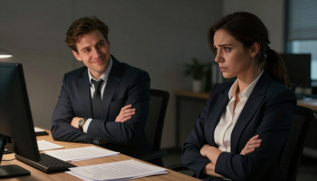 A dimly lit office environment serves as the backdrop, creating an atmosphere of tension and unease. In the foreground, a professional woman in smart business attire sits at a desk, her expression a mix of concern and determination as she studies her male colleague, who exudes charm yet carries an unsettling presence. His smile is disarming, but subtle hints of manipulative behavior linger in his body language—crossed arms, a piercing gaze, and a half-smirk. In the middle ground, documents scatter across the desk, symbolizing chaos and confusion often associated with encounters with a manipulative individual. The warm, soft light contrasts with the shadows, suggesting the dual nature of relationships with psychopathic personalities, embodying the theme of recognition and caution in daily life.