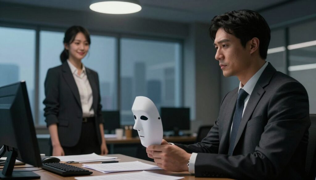 A dimly lit office setting, emphasizing a tense atmosphere of deception. In the foreground, a man in a sharp business suit, with a guarded expression, is holding a mask that symbolizes false pretenses, while a woman in modest attire stands with a subtle, knowing smile, her posture slightly closed off, suggesting manipulation. The middle ground features a desk cluttered with paperwork, reflecting chaos beneath a calm exterior. In the background, blurred outlines of a city skyline are visible through a large window, indicating a sense of isolation even in a populated environment. Soft overhead lighting casts dramatic shadows, enhancing the mood of secrecy and emotional conflict, captured from a slightly low angle to accentuate the intensity of the interaction. A dimly lit office setting, emphasizing a tense atmosphere of deception. In the foreground, a man in a sharp business suit, with a guarded expression, is holding a mask that symbolizes false pretenses, while a woman in modest attire stands with a subtle, knowing smile, her posture slightly closed off, suggesting manipulation. The middle ground features a desk cluttered with paperwork, reflecting chaos beneath a calm exterior. In the background, blurred outlines of a city skyline are visible through a large window, indicating a sense of isolation even in a populated environment. Soft overhead lighting casts dramatic shadows, enhancing the mood of secrecy and emotional conflict, captured from a slightly low angle to accentuate the intensity of the interaction.