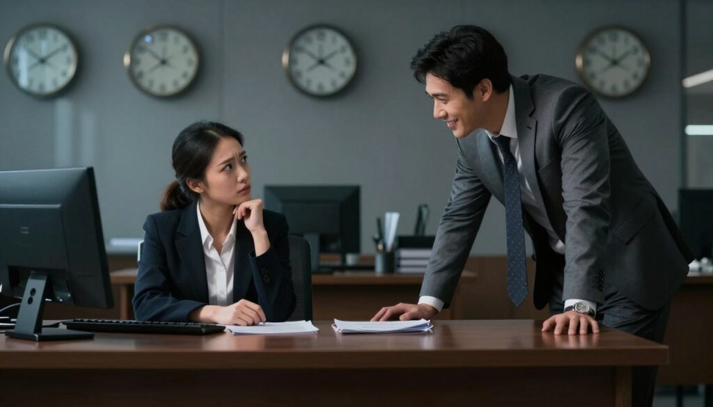 A dimly lit office setting with a large, imposing desk at the forefront, symbolizing power dynamics in a relationship. On one side of the desk, a businesswoman in professional attire, looking contemplative and concerned, represents the victim of manipulation. On the other side, a man in a tailored suit, exuding confidence and charm, leans forward with an insidious smile, suggesting control and manipulation in their interaction. In the background, blurred images of clocks and distorted reflections symbolize time and deception, creating an unsettling atmosphere. Soft shadows play across the scene, hinting at the underlying tension. The image captures the complexity of emotional manipulation within relationships, with a focus on a chiaroscuro effect to enhance the mood.