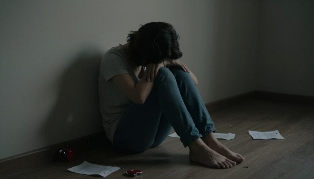 A dimly lit room captures the essence of emotional exhaustion in a toxic relationship. In the foreground, a solitary figure, a person dressed in modest casual clothing, sits on the floor with their back against a wall, head down, illustrating profound weariness. Their body language conveys defeat, with slumped shoulders and hands resting on their knees. The middle ground features scattered personal items, like a broken heart-shaped ornament and a crumpled letter, symbolizing past pain. In the background, shadows loom, creating a claustrophobic atmosphere, suggesting the weight of toxic emotions. Soft, muted lighting enhances the feeling of isolation and despair, casting long shadows that stretch across the floor. The overall mood is somber and reflective, evoking a sense of deep emotional fatigue.