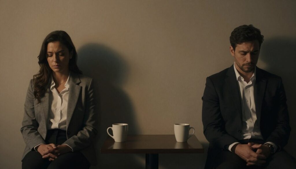 A dimly lit room conveying a sense of emotional distance, with a couple seated on opposite sides of a small table. The foreground features two coffee cups, untouched, symbolizing their disconnect. In the middle, a man and a woman are dressed in professional business attire, both looking downcast, avoiding eye contact, which emphasizes the lack of closeness. The background features soft shadows on the walls, creating a feeling of isolation, with a single light source casting a warm but muted glow over the scene. The atmosphere is heavy and introspective, evoking a sense of solitude in a once-close relationship. The lens captures the moment from a slightly elevated angle to enhance the feeling of separation and distance between them.