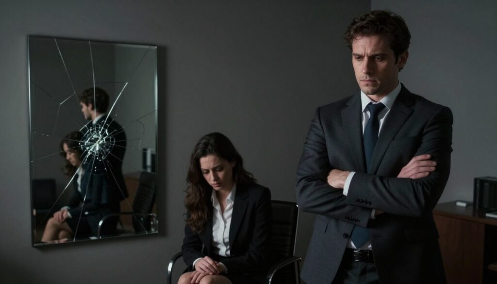 A dimly lit room conveying a sense of tension and unease. In the foreground, a man in a business suit stands with an expression of cold detachment, arms crossed, exuding an aura of control. In the middle ground, a woman in professional attire sits on a chair, her body language hunched forward, eyes downcast, portraying emotional distress and isolation. Subtle shadows cast by the overhead light deepen the atmosphere of manipulation, symbolizing oppression. The background features muted, dark colors, enhancing the somber mood, while a cracked mirror reflects distorted images of the man and woman, visualizing the emotional turmoil of psychological violence. Soft, diffused lighting adds to the melancholic ambiance, emphasizing the theme of toxic relationships and manipulation.