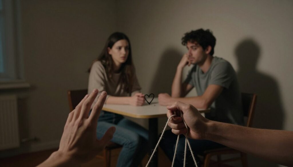 A dimly lit room conveys a sense of tension and unease. In the foreground, a pair of hands, one pushing away a heart symbol while the other clutches a series of tangled strings, represent manipulation and deceit. In the middle ground, a couple sits at a small table, both wearing modest casual clothing, their expressions filled with uncertainty as they avoid eye contact, emphasizing a lack of trust. In the background, shadows and distorted reflections add to the atmosphere of confusion and miscommunication. Soft, dramatic lighting creates an intimate yet unsettling mood, focusing on the emotional complexity of lies and manipulation within relationships. The composition captures the essence of struggle and the impact of dishonesty on closeness.