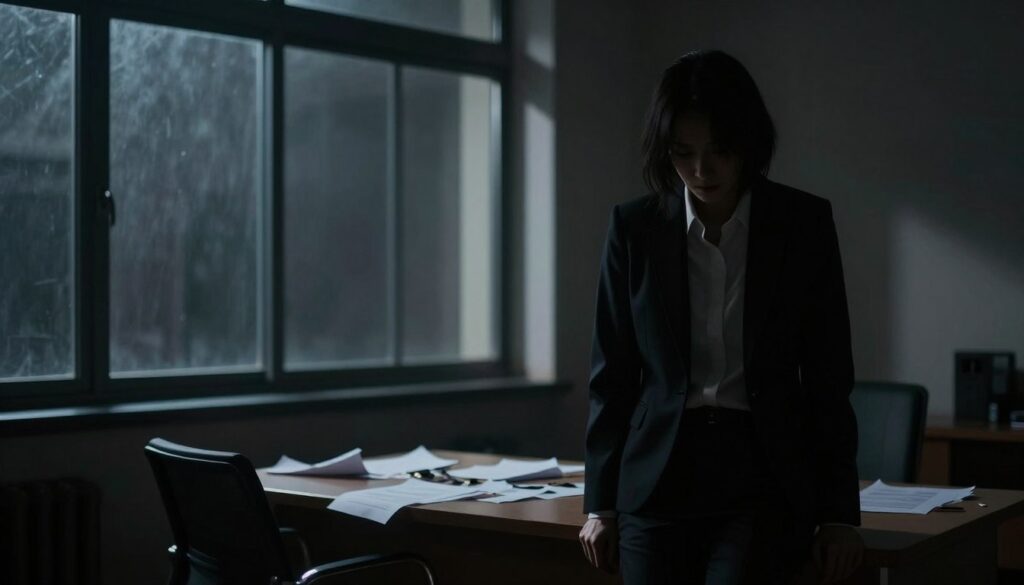A dimly lit room creating an atmosphere of unease and tension, featuring a shadowy figure of a person standing in the foreground, wearing professional business attire that subtly suggests vulnerability. Their posture is slightly hunched, conveying feelings of oppression and intimidation. In the middle ground, a large, dark window blinds casting sharp shadows, representing isolation and the feeling of being watched. Broken and unfinished papers scatter on a table nearby, alluding to the chaos and confusion of mental abuse. The background is intentionally blurred, hinting at a distorted reality, with dark, muted colors dominating the scene. The lighting is moody and atmospheric, emphasizing the deep-seated fear and uncertainty in the environment. The overall mood is somber and contemplative, reflecting the challenges of silent psychological terror. A dimly lit room creating an atmosphere of unease and tension, featuring a shadowy figure of a person standing in the foreground, wearing professional business attire that subtly suggests vulnerability. Their posture is slightly hunched, conveying feelings of oppression and intimidation. In the middle ground, a large, dark window blinds casting sharp shadows, representing isolation and the feeling of being watched. Broken and unfinished papers scatter on a table nearby, alluding to the chaos and confusion of mental abuse. The background is intentionally blurred, hinting at a distorted reality, with dark, muted colors dominating the scene. The lighting is moody and atmospheric, emphasizing the deep-seated fear and uncertainty in the environment. The overall mood is somber and contemplative, reflecting the challenges of silent psychological terror.