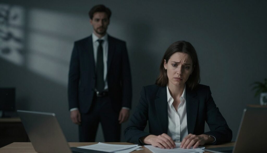 A dimly lit room symbolizes the atmosphere of gaslighting. In the foreground, a woman sits at a table, her expression a blend of confusion and concern, dressed in smart casual attire. Her hands rest on a few scattered notes, illustrating a struggle for clarity. The middle ground features a shadowy figure of a man standing slightly out of focus, his posture suggesting dominance and manipulation, dressed in professional business attire. The background shows a darkened wall, with flickering shadows that create an unsettling ambiance. Soft, diffused lighting casts a subtle glow on the woman's face, highlighting her emotions, while the overall color palette is muted with cool tones, enhancing the feeling of distress and psychological tension. The composition evokes a deep sense of unease, perfectly capturing the essence of gaslighting as a tool of psychological control. A dimly lit room symbolizes the atmosphere of gaslighting. In the foreground, a woman sits at a table, her expression a blend of confusion and concern, dressed in smart casual attire. Her hands rest on a few scattered notes, illustrating a struggle for clarity. The middle ground features a shadowy figure of a man standing slightly out of focus, his posture suggesting dominance and manipulation, dressed in professional business attire. The background shows a darkened wall, with flickering shadows that create an unsettling ambiance. Soft, diffused lighting casts a subtle glow on the woman's face, highlighting her emotions, while the overall color palette is muted with cool tones, enhancing the feeling of distress and psychological tension. The composition evokes a deep sense of unease, perfectly capturing the essence of gaslighting as a tool of psychological control.