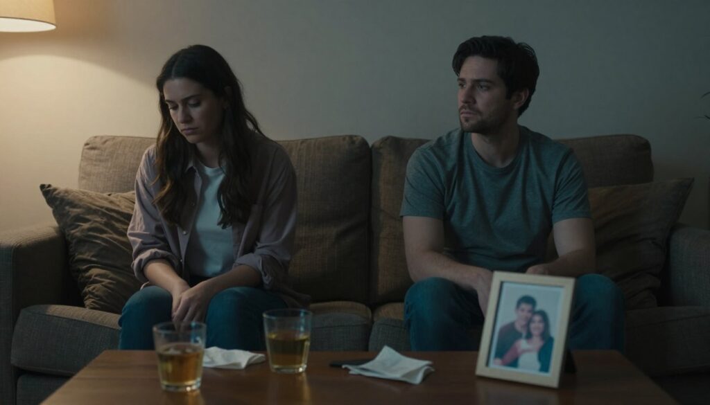 A dimly lit room where two people sit on opposite ends of a couch, their expressions distant and concerned, showcasing the first warning signs of disconnection in a relationship. In the foreground, a coffee table scattered with abandoned drinks symbolizes neglect. The middle ground features the couples’ bodies slightly turned away from each other, emphasizing emotional distance, while one person is looking down, and the other gazes thoughtfully at a framed photo of happier times. The background shows warm, soft lighting that contrasts the cool, melancholic atmosphere, hinting at the past comfort of their relationship. The image should convey a sense of loneliness amidst companionship, with a focus on the tension in the air.