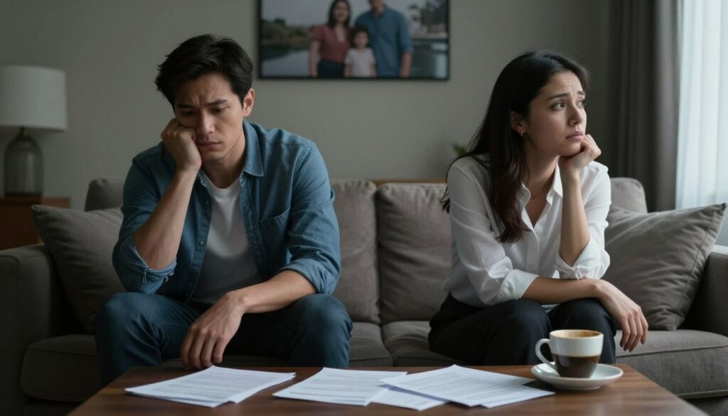 A dimly lit room with a couple in the foreground, sitting apart on a sofa, both with expressions of concern and sadness. The man, dressed in a smart casual outfit, looks contemplative, while the woman, in a professional blouse and slacks, gazes out the window, deep in thought. In the middle, a coffee table scattered with letters and an untouched cup of coffee signifies communication breakdown. The background presents a blurred image of a family photo hanging on the wall, representing their past unity. Soft, diffused lighting creates a moody atmosphere, emphasizing tension and unease, while a shallow depth of field focuses on the couple's body language, subtly indicating the symptoms of disloyalty in their relationship.