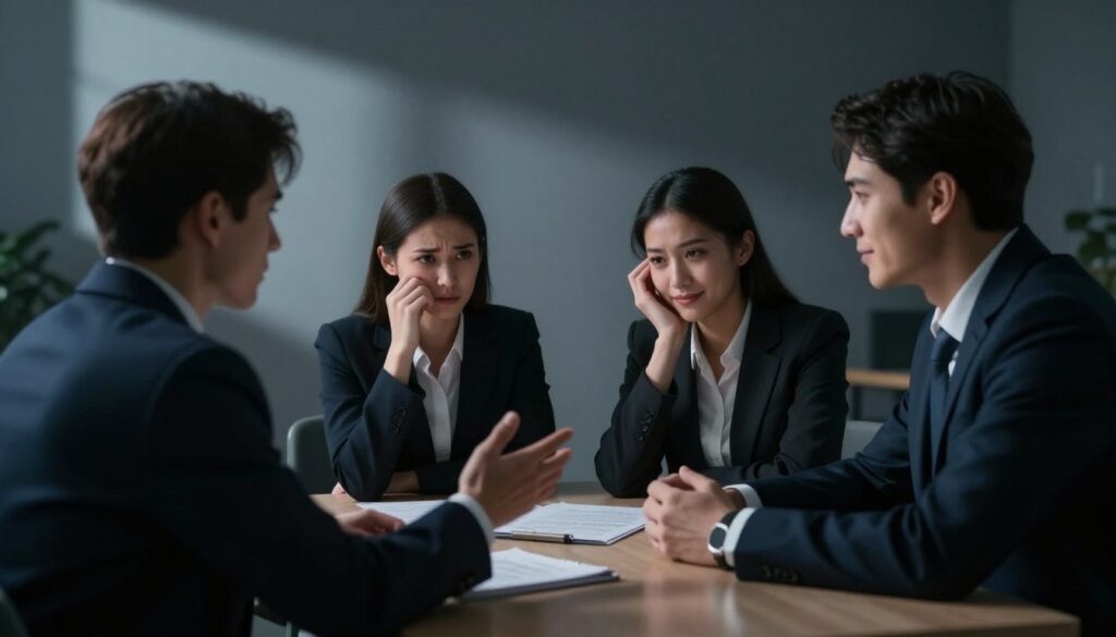 A dimly lit room with a focus on a table surrounded by three individuals wearing professional business attire. In the foreground, one person gestures towards the others, their expression conveying manipulation and emotional control. The middle scene features subtle interactions, with one individual appearing distressed while the other two display smirks, hinting at emotional turmoil. The background includes oppressive shadows that create a sense of tension, symbolizing the toxic atmosphere of manipulation. Soft, diffused lighting accentuates the expressions, adding depth and emphasizing the emotional weight. The overall mood is unsettling, reflecting the concept of emotional violence and manipulation in relationships, highlighting the hidden dynamics of power and control.