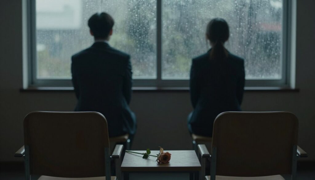 A dimly lit room, with two empty chairs facing each other, representing emotional distance. In the foreground, a single wilted flower sits on a small table, symbolizing neglected communication. The middle ground features shadows of two people in professional business attire, turned away from each other, their backs depicted in a tense posture, highlighting disconnection. The background shows a blurred window with raindrops trickling down, enhancing the feeling of isolation. Soft overhead lighting casts gentle shadows, creating a moody, melancholic atmosphere. The image captures the essence of loneliness in a relationship due to a lack of communication, evoking a sense of longing and introspection.