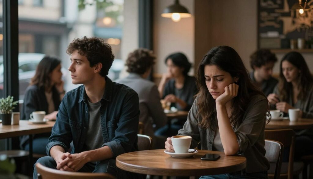 A dimly lit urban café setting, with a couple sitting at a small table in the foreground. The man is gazing out the window, appearing distant and withdrawn, while the woman looks down at her coffee, an expression of concern on her face. In the middle ground, blurred figures of other patrons engaged in lively conversation, contrasting the couple's disconnection. The background features soft, warm lights, creating an intimate atmosphere, but the focus remains on the couple's emotional indifference. The scene is captured from a slightly elevated angle, emphasizing their isolation amidst the bustle. The overall mood is one of tension and unspoken feelings, symbolizing emotional indifference in a relationship.