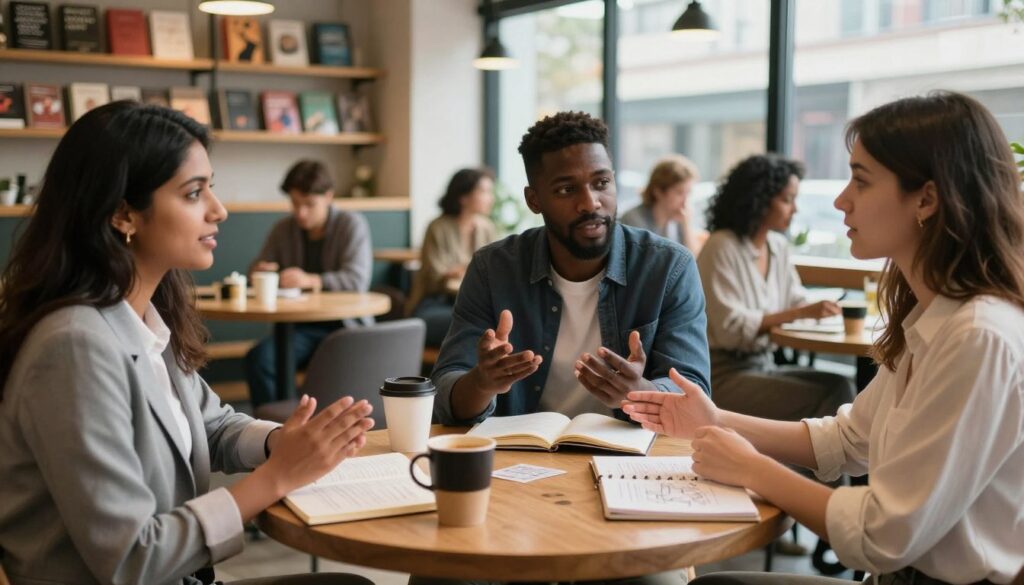 A diverse group of people engaged in a lively discussion in a cozy, modern café setting, expressing various cultural perspectives on non-monogamous relationships. In the foreground, a multicultural trio includes a South Asian woman in professional attire, a Black man in smart casual wear, and a Caucasian woman in a modest blouse, all animatedly exchanging ideas. The middle ground features a table with coffee cups and open notebooks filled with notes and sketches reflecting their conversation. The background shows softly blurred shelves filled with books about relationships, diversity, and culture, enhancing the intellectual atmosphere. Warm, natural light pours through large windows, creating an inviting ambiance. The scene conveys openness, understanding, and respect for different views on non-monogamy.