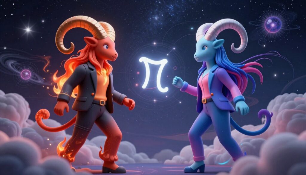 A dramatic scene illustrating the challenges in the relationship between Aries and Gemini as represented by zodiac symbols. In the foreground, two stylized figures embodying Aries and Gemini stand facing each other, dressed in modern, professional attire. The Aries figure, with bold, fiery colors, exudes energy and spontaneity, while the Gemini figure, portrayed with vibrant dual tones, reflects a sense of adaptability and playfulness. In the middle ground, swirling clouds and cosmic motifs symbolize chaotic energy and communication barriers, hinting at tension in their connection. The background features a starry night sky, signifying the vast universe of potential. The lighting is ethereal with soft glows highlighting the figures, creating a mood of intrigue and challenge, capturing the essence of their dynamic relationship.