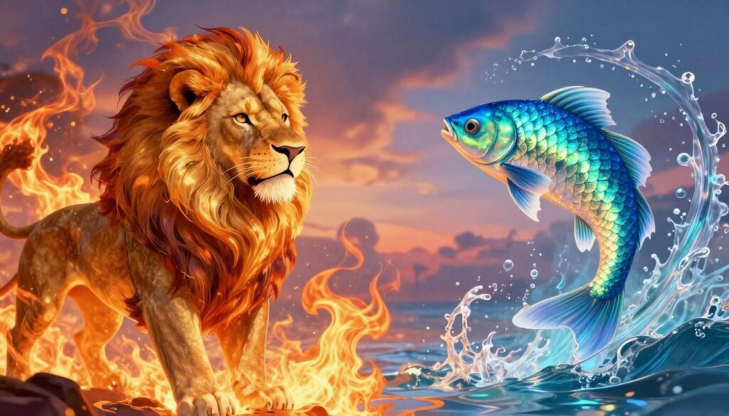 A dynamic composition showcasing the contrast and connection between fire and water, symbolizing the relationship between Leo and Pisces. In the foreground, a stylized lion with a majestic mane, portrayed in warm, vibrant hues of gold and orange, exuding strength and confidence. Beside it, an ethereal fish, gracefully flowing, with shimmering scales in shades of blue and green, representing fluidity and depth. The middle ground features swirling, vibrant flames merging harmoniously with cascading water, creating an intricate balance. Soft, diffused lighting enhances the scene, casting warm tones on the lion and cool reflections on the fish. The background is a dreamy blend of twilight colors, evoking a serene yet passionate atmosphere, reflecting emotional depth and romanticism. The overall mood is enchanting and harmonious, capturing the essence of this unique dynamic between fire and water.