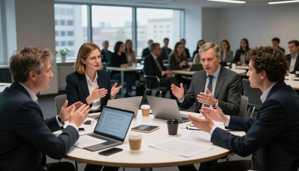 A dynamic public debate scene set in a modern indoor conference room. In the foreground, a diverse group of four professionals engaged in a passionate discussion, wearing business attire, with gestures emphasizing their points. The middle section features a large round table cluttered with papers, laptops, and coffee cups, indicating an active conversation about civil partnership laws in Poland. The background includes a large window with city views and blurred silhouettes of an audience, suggesting public interest. Soft, natural lighting illuminates the room, casting gentle shadows and creating an inviting atmosphere. The overall mood should reflect intensity and collaboration, emphasizing the significance of the topic at hand.
