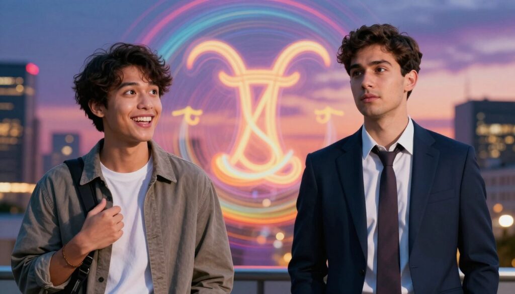 A dynamic scene featuring two individuals embodying the Gemini astrological traits, positioned prominently in the foreground. On the left, a lively person with an engaging smile, wearing smart casual attire, showcasing curiosity and enthusiasm. On the right, a more grounded individual, dressed in professional business attire, exuding calmness and composure. The middle ground depicts a swirling mix of vibrant colors, representing the energetic and contrasting personalities of Gemini and their partner, symbolizing the push and pull of their relationship. The background reveals a soft, dreamy cityscape at dusk, illuminated by warm, ambient lighting, creating a sense of intimacy and emotional tension. The overall atmosphere is lively yet reflective, capturing the essence of challenges stemming from differing temperaments. A dynamic scene featuring two individuals embodying the Gemini astrological traits, positioned prominently in the foreground. On the left, a lively person with an engaging smile, wearing smart casual attire, showcasing curiosity and enthusiasm. On the right, a more grounded individual, dressed in professional business attire, exuding calmness and composure. The middle ground depicts a swirling mix of vibrant colors, representing the energetic and contrasting personalities of Gemini and their partner, symbolizing the push and pull of their relationship. The background reveals a soft, dreamy cityscape at dusk, illuminated by warm, ambient lighting, creating a sense of intimacy and emotional tension. The overall atmosphere is lively yet reflective, capturing the essence of challenges stemming from differing temperaments.