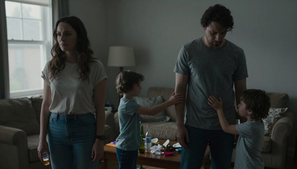 A family standing together in a dimly lit living room, visibly affected by a sense of tension and sadness. In the foreground, a mother and father in modest casual clothing appear distant, with the father looking downcast, holding a drink in his hand. Two children are nearby, displaying concern in their expressions, one reaching out as if to comfort the father. The middle ground showcases a cluttered living space, symbolizing chaos—empty bottles and discarded items scattered on a table. In the background, a window allowing soft, muted light to filter in, casting a somber atmosphere. The overall mood is reflective and poignant, capturing the emotional weight of a dysfunctional family dynamic.