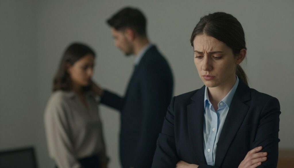 A focused composition illustrating the theme of warning signals in interpersonal relationships. In the foreground, a concerned individual in professional business attire, looking contemplative, symbolizes emotional struggle. Their body language conveys unease, with crossed arms and a downward gaze. In the middle ground, a pair of blurred figures, one appearing dominating and the other submissive, represent an imbalance in the relationship. The background features soft, muted colors to evoke a somber atmosphere, with shadowy shapes suggesting emotional turmoil. The lighting is soft and diffused, casting gentle shadows to create a pensive mood. The overall composition is intimate, emphasizing the emotional weight of the scene, with a shallow depth of field to draw focus on the foreground subject, capturing the essence of manipulation and imbalance in relationships.