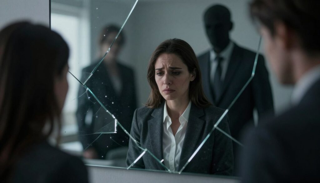 A fragmented mirror reflects a woman in professional attire, her face showing deep sorrow and a sense of loss. In the foreground, shards of glass represent the shattered fragments of her self-esteem. The middle ground features shadowy figures looming, symbolizing manipulation and control, their outlines slightly blurred to evoke a sense of intimidation. The background is a dimly lit room, with a single, cold light source casting stark shadows, creating a moody atmosphere of despair. The overall color palette is muted, with grays and blues dominating, enhancing the sense of isolation and emotional turmoil. The scene conveys the heaviness of psychological manipulation, highlighting its destructive impact on self-worth. A fragmented mirror reflects a woman in professional attire, her face showing deep sorrow and a sense of loss. In the foreground, shards of glass represent the shattered fragments of her self-esteem. The middle ground features shadowy figures looming, symbolizing manipulation and control, their outlines slightly blurred to evoke a sense of intimidation. The background is a dimly lit room, with a single, cold light source casting stark shadows, creating a moody atmosphere of despair. The overall color palette is muted, with grays and blues dominating, enhancing the sense of isolation and emotional turmoil. The scene conveys the heaviness of psychological manipulation, highlighting its destructive impact on self-worth.