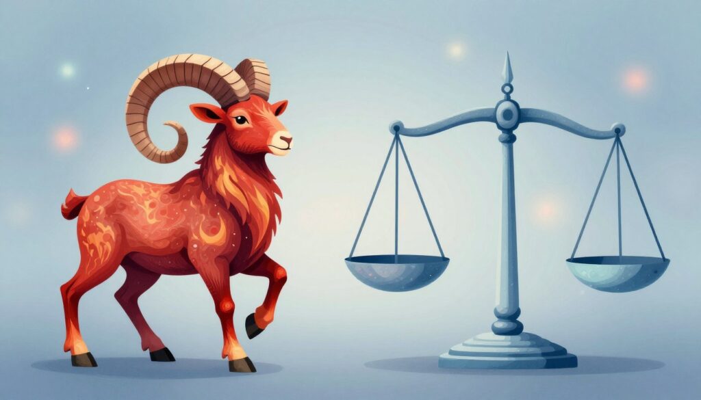A harmonious balance between two zodiac symbols, Aries and Libra, represented in an intricate, visually captivating composition. In the foreground, a stylized Aries ram contrasts with a graceful Libra scale, showcasing the dynamism of their relationship against a soft, atmospheric background. The ram is depicted in bold reds and fiery tones, symbolizing energy and passion, while the scales are rendered in cool blues and soft pastels, embodying calmness and balance. Soft, diffused lighting creates a serene ambiance, with a gentle bokeh effect in the background, emphasizing the celestial nature of the zodiac. The scene invites contemplation, evoking the complexity and depth of contrasting personalities harmonizing in a relationship.