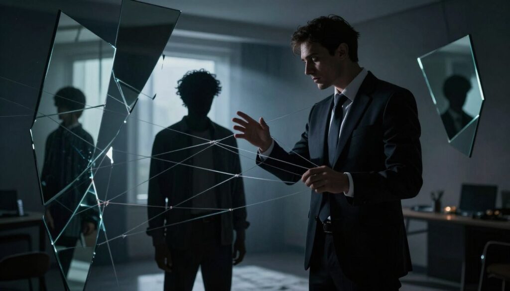 A haunting visualization of psychological manipulation, focusing on the concept of manipulation in relationships. In the foreground, a shadowy figure representing a manipulator, dressed in professional business attire, with a sly, calculating expression, gesturing subtly as if weaving an invisible web of influence. In the middle ground, a silhouette of a vulnerable individual in modest clothing, looking confused and disoriented, surrounded by fragmented mirrors that reflect distorted perceptions of reality. The background depicts a dimly lit room, with heavy shadows and flickering light, creating an atmosphere of tension and unease. The lighting is dramatic, with sharp contrasts emphasizing the emotional struggle between the manipulator and the manipulated, evoking a sense of psychological depth and complexity.