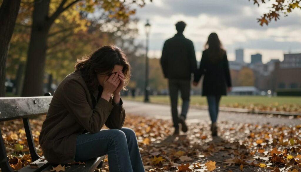 A heartbroken individual seated alone on a park bench, surrounded by autumn leaves that symbolize change and loss. In the foreground, the person’s expression is one of deep contemplation and sadness, dressed in modest casual clothing. The middle ground features a blurred silhouette of a couple walking away hand-in-hand, symbolizing betrayal and separation, while sunlight filters through the trees, casting a warm but melancholic glow. The background shows a distant city skyline under a cloudy sky, conveying an atmosphere of introspection and emotional turmoil. The lighting is soft yet dramatic, capturing the essence of pain and reflection, while emphasizing the conflicting emotions of love and hurt.