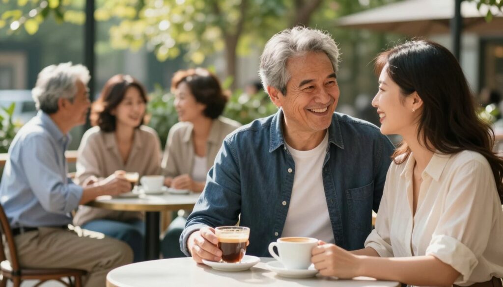 A heartwarming scene capturing a couple with a significant age difference, perhaps 15 years, engaged in a joyful activity. In the foreground, depict a mature man in smart casual attire and a younger woman in a stylish yet modest outfit, sharing a light moment over coffee at an outdoor café. In the middle ground, show other couples of varying ages enjoying their time, blending into the atmosphere of acceptance. The background features lush greenery and soft sunlight filtering through trees, creating a warm, inviting atmosphere. Use natural lighting to enhance the scene, with a shallow depth of field focusing on the couple, celebrating the advantages of their relationship despite societal stereotypes. The mood should be uplifting and positive, symbolizing love that transcends age boundaries.