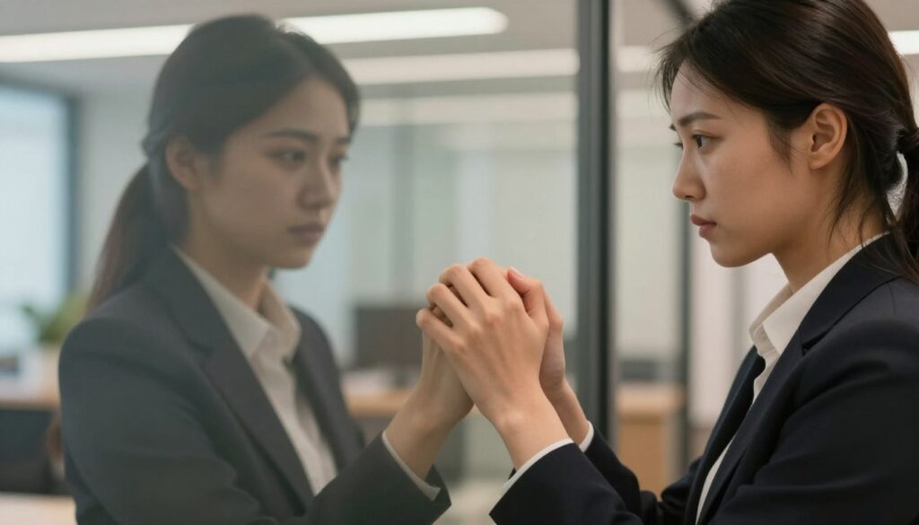 A metaphorical representation of "narcissistic collusion," featuring two individuals in a professional business environment, standing too close to each other as if intertwined, yet their faces display an eerie disconnect. In the foreground, focus on their hands clasping each other tightly, symbolizing dependency and entrapment. In the middle ground, their faces are reflected in a glass wall, illustrating duality—calm expressions masking inner turmoil. The background shows a slightly blurred office space, bathed in soft, warm lighting to create an inviting yet unsettling atmosphere. Use a shallow depth of field to emphasize the subjects while softly fading the background. The overall mood should convey a sense of tension and complexity, representing the struggle for unity amidst personal disconnect. A metaphorical representation of "narcissistic collusion," featuring two individuals in a professional business environment, standing too close to each other as if intertwined, yet their faces display an eerie disconnect. In the foreground, focus on their hands clasping each other tightly, symbolizing dependency and entrapment. In the middle ground, their faces are reflected in a glass wall, illustrating duality—calm expressions masking inner turmoil. The background shows a slightly blurred office space, bathed in soft, warm lighting to create an inviting yet unsettling atmosphere. Use a shallow depth of field to emphasize the subjects while softly fading the background. The overall mood should convey a sense of tension and complexity, representing the struggle for unity amidst personal disconnect.