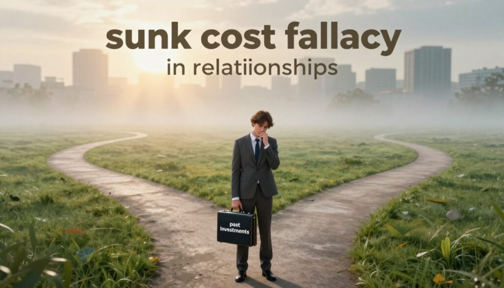 A metaphorical representation of the "sunk cost fallacy" in relationships. In the foreground, a thoughtful person in professional attire stands at a crossroads, holding a heavy briefcase labeled "past investments." Their expression is contemplative, reflecting the struggle of letting go. In the middle ground, two paths diverge, one leading toward a bright, sunny landscape symbolizing new beginnings, while the other veers into a foggy, uncertain area representing entrapment in old patterns. The background features a distant cityscape with blurred outlines, suggesting the complexities of urban life. Subtle beams of soft, warm light filter through the fog, creating a hopeful yet serious atmosphere. The angle is slightly elevated, offering a wide view of the scene to capture the emotional weight. A metaphorical representation of the "sunk cost fallacy" in relationships. In the foreground, a thoughtful person in professional attire stands at a crossroads, holding a heavy briefcase labeled "past investments." Their expression is contemplative, reflecting the struggle of letting go. In the middle ground, two paths diverge, one leading toward a bright, sunny landscape symbolizing new beginnings, while the other veers into a foggy, uncertain area representing entrapment in old patterns. The background features a distant cityscape with blurred outlines, suggesting the complexities of urban life. Subtle beams of soft, warm light filter through the fog, creating a hopeful yet serious atmosphere. The angle is slightly elevated, offering a wide view of the scene to capture the emotional weight.