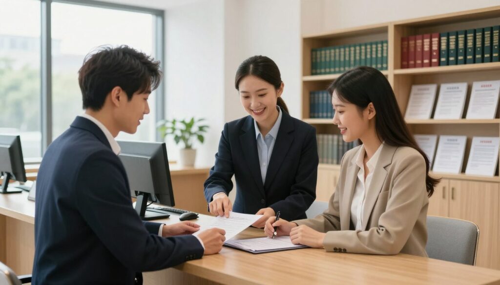 A modern civil registry office interior, showcasing a clean and elegant design with large windows allowing natural light to flood the space. In the foreground, a couple dressed in professional business attire stands at a sleek wooden counter, engaged in the registration process, looking at an official document with excited expressions. In the middle, a friendly civil servant assists them, smiling and pointing to the paperwork. The background features shelves with legal books and informational pamphlets about partnership registration, giving a sense of professionalism and warmth. The atmosphere is one of hope and equality, reflecting the significance of the moment. Soft lighting enhances a welcoming ambiance, captured at a slightly elevated angle for a broader view of the setting. A modern civil registry office interior, showcasing a clean and elegant design with large windows allowing natural light to flood the space. In the foreground, a couple dressed in professional business attire stands at a sleek wooden counter, engaged in the registration process, looking at an official document with excited expressions. In the middle, a friendly civil servant assists them, smiling and pointing to the paperwork. The background features shelves with legal books and informational pamphlets about partnership registration, giving a sense of professionalism and warmth. The atmosphere is one of hope and equality, reflecting the significance of the moment. Soft lighting enhances a welcoming ambiance, captured at a slightly elevated angle for a broader view of the setting.