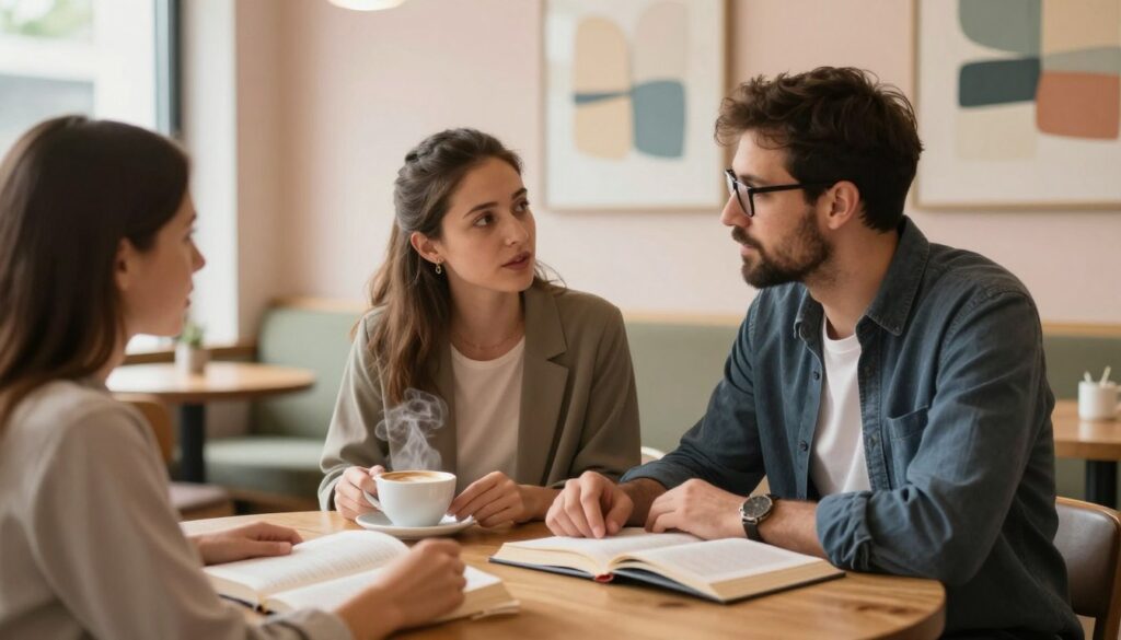A modern couple sitting at a round wooden table in a cozy, well-lit café, engaged in a deep conversation. The foreground features their hands, open books, and a steaming cup of coffee, symbolizing shared interests. In the middle, the couple, dressed in business casual attire, showcase expressive body language that conveys openness and empathy. The woman has long brown hair tied back, while the man has a short beard and wears glasses. In the background, soft pastel-colored walls are adorned with abstract art, creating a warm atmosphere. Soft, natural light filters in through large windows, enhancing the intimate yet encouraging mood. The image captures the essence of modern partnership challenges, reflecting both connection and the complexities of equality in relationships.