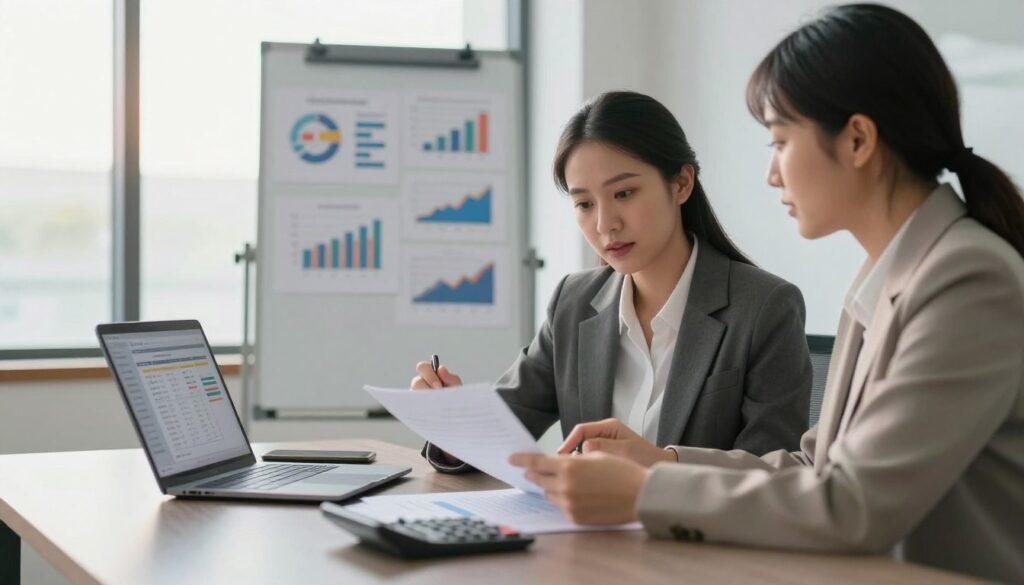 A modern office setting, focusing on a couple sitting at a sleek desk, visibly engaged in a financial discussion. The foreground features papers, a laptop displaying budgeting software, and a calculator, emphasizing their collaborative budgeting efforts. The couple, dressed in professional business attire, appear focused and determined, showing a balance of teamwork and financial management. In the middle ground, a whiteboard is filled with charts and graphs reflecting budget plans, representing their financial strategy. The background displays a large window with soft afternoon light streaming in, creating a warm and inviting atmosphere. The image conveys a sense of partnership, responsibility, and organized planning, symbolizing the importance of managing finances together. A modern office setting, focusing on a couple sitting at a sleek desk, visibly engaged in a financial discussion. The foreground features papers, a laptop displaying budgeting software, and a calculator, emphasizing their collaborative budgeting efforts. The couple, dressed in professional business attire, appear focused and determined, showing a balance of teamwork and financial management. In the middle ground, a whiteboard is filled with charts and graphs reflecting budget plans, representing their financial strategy. The background displays a large window with soft afternoon light streaming in, creating a warm and inviting atmosphere. The image conveys a sense of partnership, responsibility, and organized planning, symbolizing the importance of managing finances together.